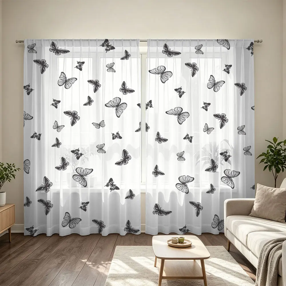 90g rod-mounted curtains, two pieces, with a black and white butterfly pattern suitable for home decoration