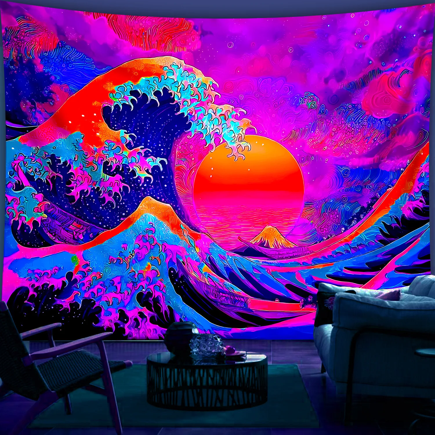 VIKAMA Fantasy Neon Wave Wandteppich Sonnenuntergang Wellen Wohnzimmer Sofa Hintergrund Wandkunst Dekorativ Künstlerischer Raumakzent