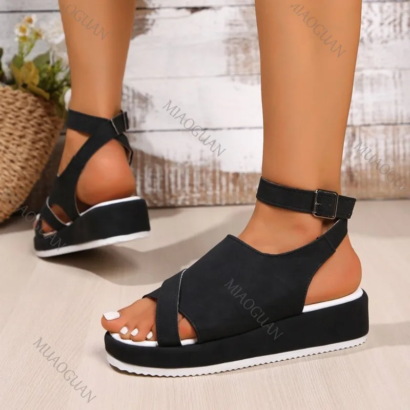 

Summer New Thick Bottom Sandals Ankle Cross Buckle Shoes for Women Casual Flat Solid Roman Sandales Femmes Peep Toe Ladies Shoes