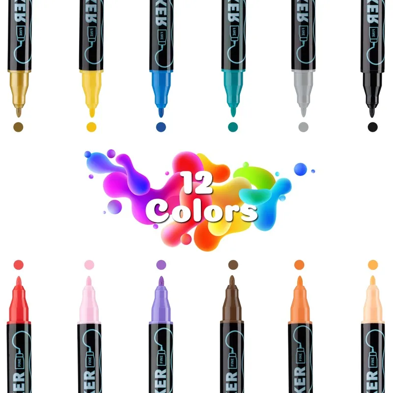 12 Colors Acrylic Markers Set Boxed Double-ended Marking Pens Waterproof Art Painting Supplies Diy Draw Graffiti Pen Stationery