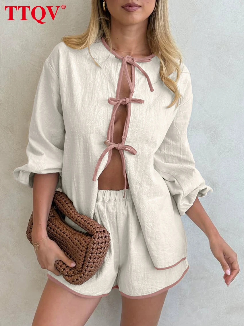 

TTQV Fashion Loose Beige Cotton Women's Two Pieces Set 2026 Elegant Long Sleeve Shirt With High Waist Shorts Set Female Clothing