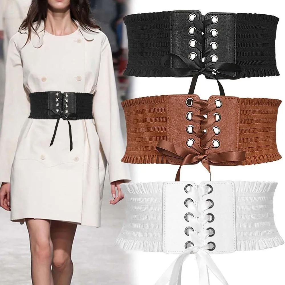 

Adjustable Elastic Pleated Cummerbunds Polyester PU Wide Corset Waistband Skirt Accessories Soft Elastic High Wide Belt Gift
