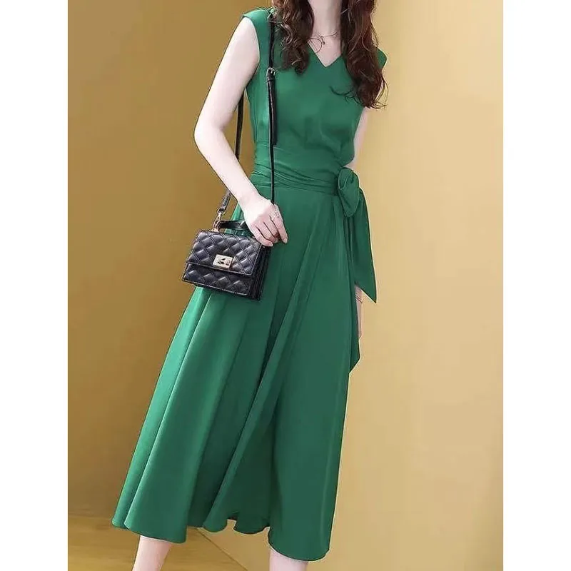 Woman Clothes Green Imitation Silk Dress Summer New French V-neck Sleeveless Bandage Waist Elegant Dress Goddess Fan Maxi Dress