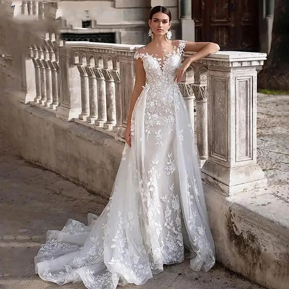 

Elegant Mermaid Bridal Gown For Women Cap Sleeves Backless Lace Appliques Womens Dress Custom Made Detachable Train Gowns