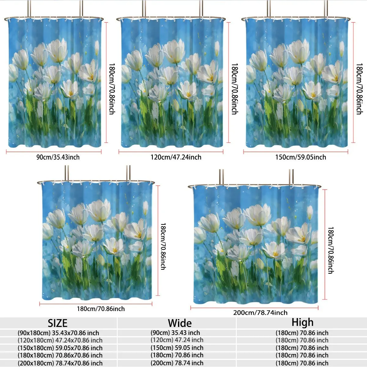 Spring White Tulip Floral Shower Curtain Polyester Digital Printing Oil Painting White Tulips Green Leaves Bright Blue Backdrop