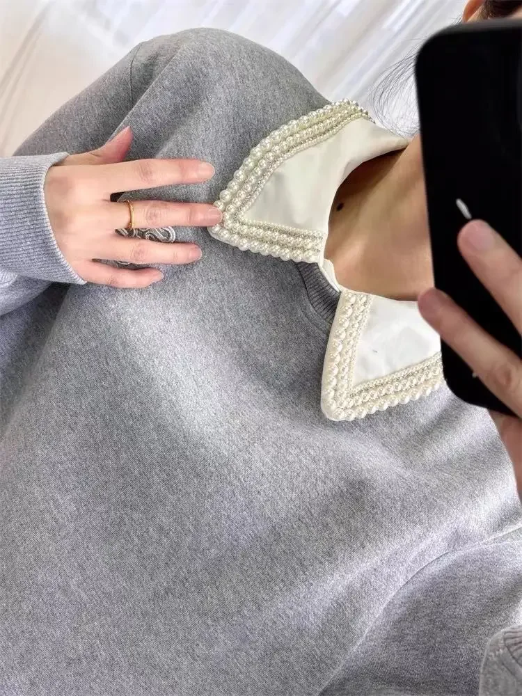 وهمية قطعتين المرأة البلوز الرمادي الديكور بدوره إلى أسفل طوق الإناث التطريز خطابات البلوز الأعلى #3