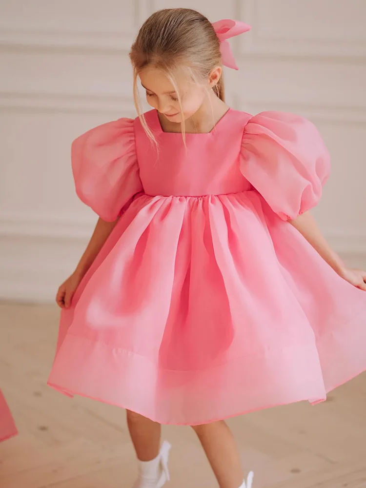 Vestido de baile de princesa rosa para niñas, manga abullonada, fiesta de cumpleaños, actuación, g30