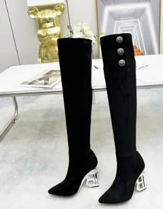 Carpaton Leather Knee High Boots Women Sexy Pointed Toe Strange Heels Long Boots Autumn Motorcycle Leather Riding Boots