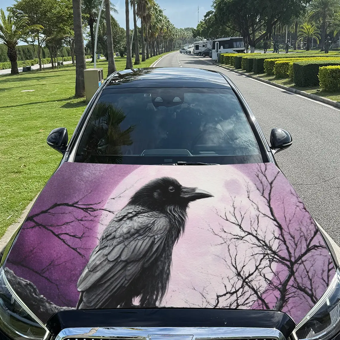 

Dreamy Crow in a Mystical Darkness PVC Car Engine Hood Vinyl Wraps, Self-Adhesive Waterproof Car Hood Decal Sticker, Car Decorat