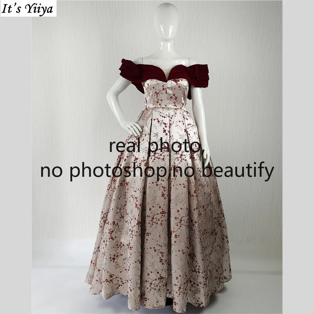 It's Yiiya Customized Real Photo Evening Dress Wine Red Off the Shoulder Princess Pleat Floor Lenght Plus size Women Party Gowns