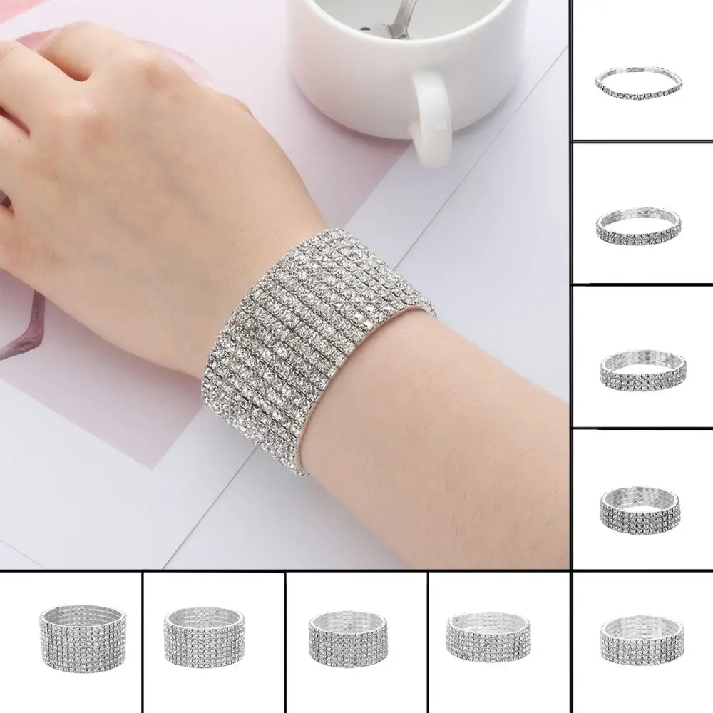 1-10 Rows Fashion Jewelry Woman Wristband Elastic Bangle Stretch Bracelet  Crystal Rhinestone