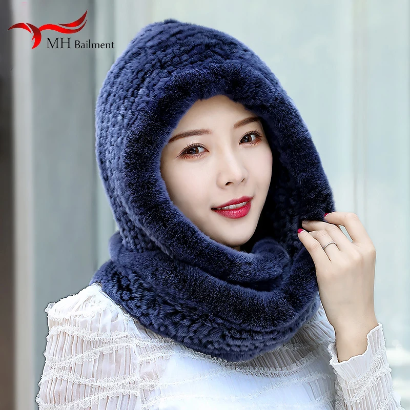 Women Real Knitted Rex Rabbit Fur Scarf Hat Winter Warm Fur Long Scarf Neck Warm Natural Fur Hat Outdoor Fluffy Earflap Caps