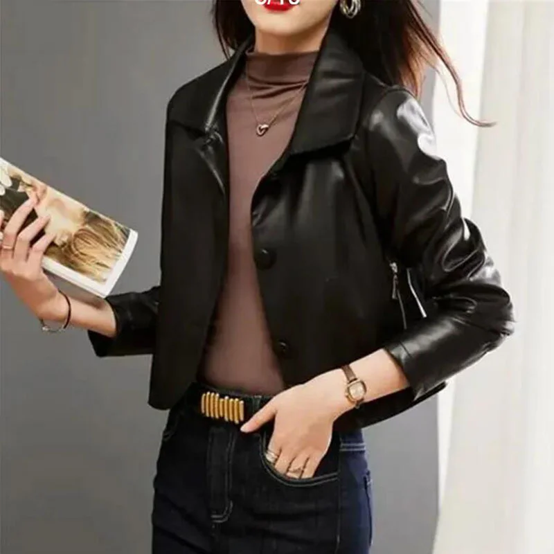 Fashion Short Leather Jacket Korean Version Slim PU Leather Women\'s Locomotive Coat 2024 Spring Autumn New Chic Outerwear Female