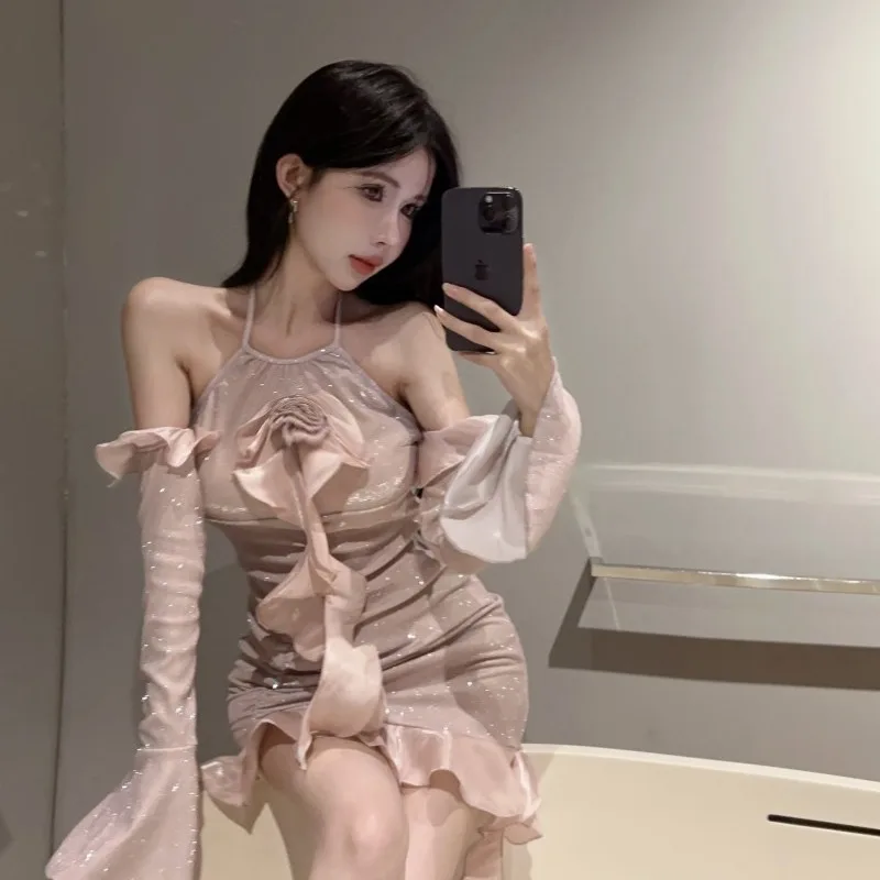 Pure Desire Sexy rose épaules dénudées à volants Sve longue Sve coupe ajustée moulante Dr Street Sle taille haute jupe ort