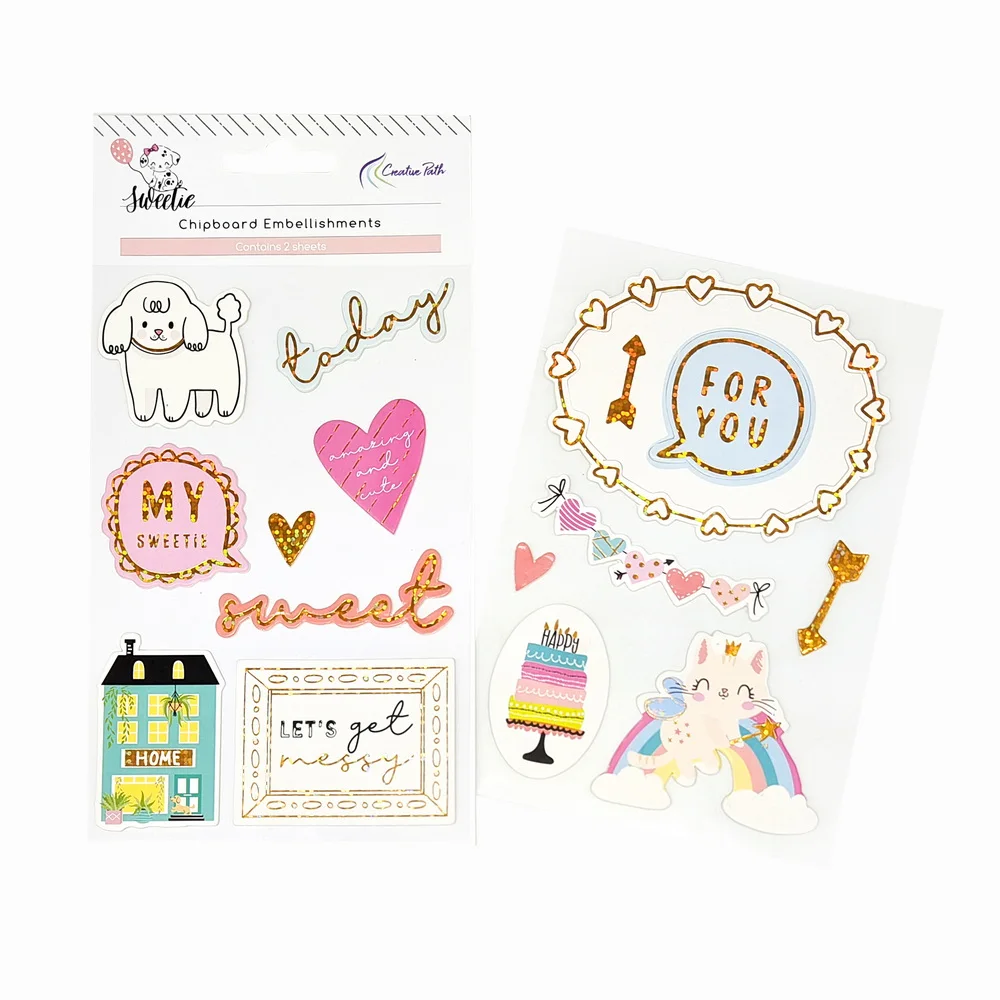 Creative Path 9-delige Sweetie DIY knutselset, decoratief papier, kartonnen frame, stickers, uitstansvormen, voor journaling en scrapbooking, complete sets