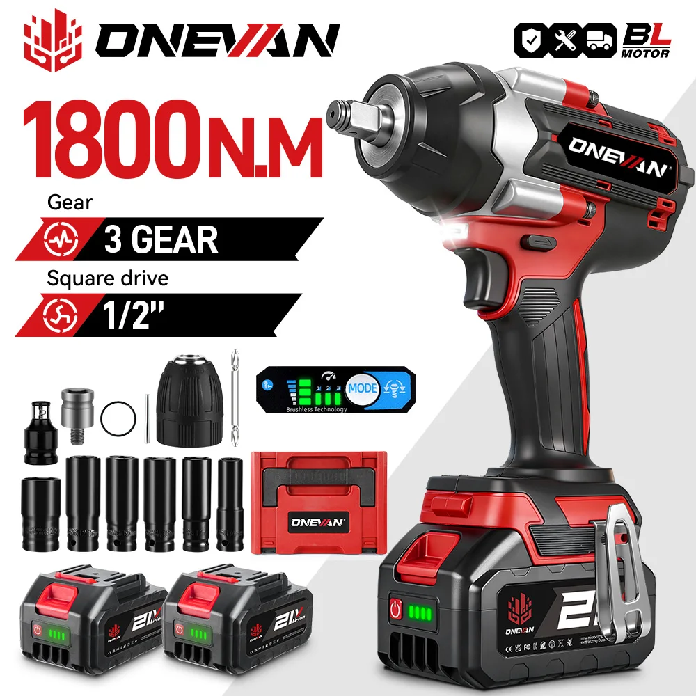 ONEVAN 1800N.M 브러시리스 전기 임팩트 렌치 1/2 인치 리튬 이온 배터리 Makita 18V 배터리 핀 용 무선 전동 공구