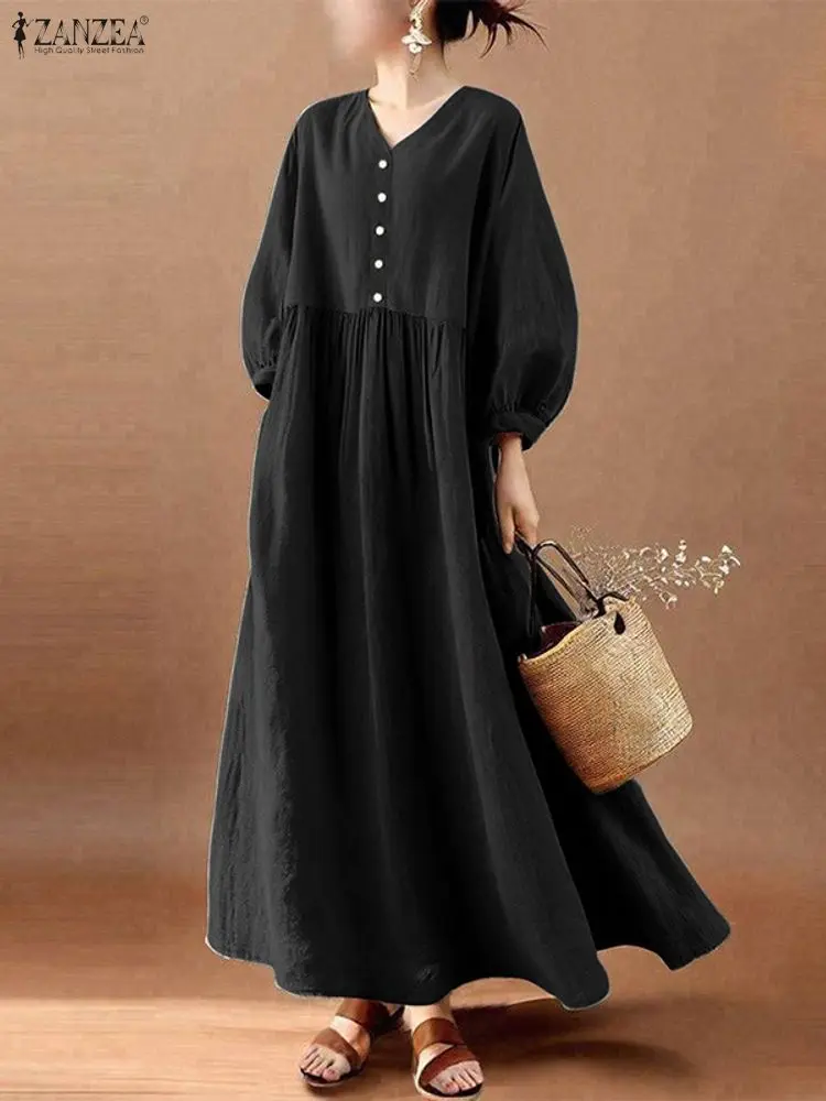 2025ZANZEA Stijlvolle Herfst V-hals Lange Lantaarn Mouw Jurk Vrouwen Maxi Jurken Elegante Effen Lange Gewaad Casual Losse Zonnejurk