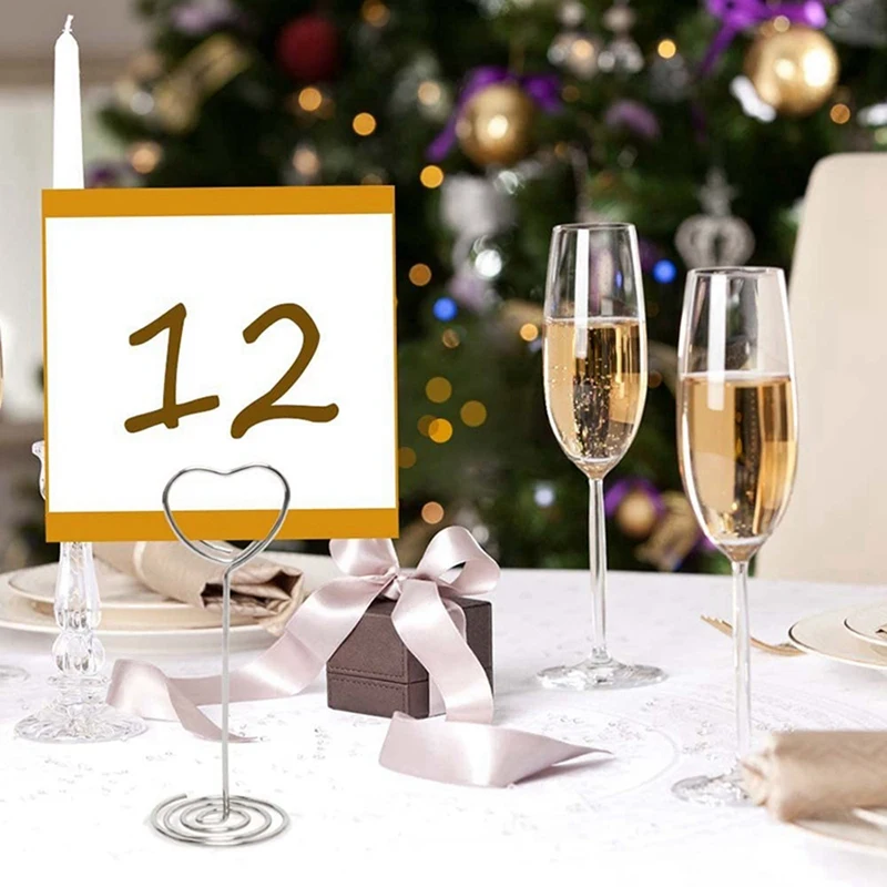 Supporto per carte da 60 pezzi supporto per foto da tavolo a forma di cuore supporto per foto da tavolo in filo metallico clip per Menu per numero di festa nuziale, argento
