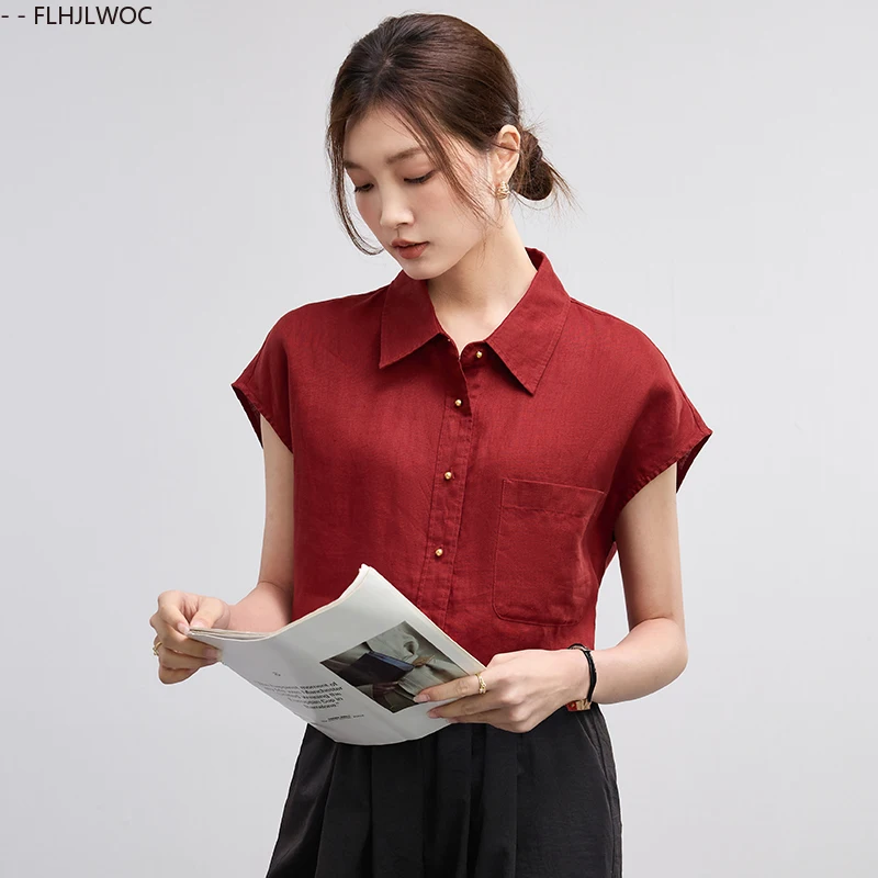Mince aéré pur coton lin chemise femmes nouveauté doux lâche Blouse vin rouge confortable décontracté rétro Vintage hauts