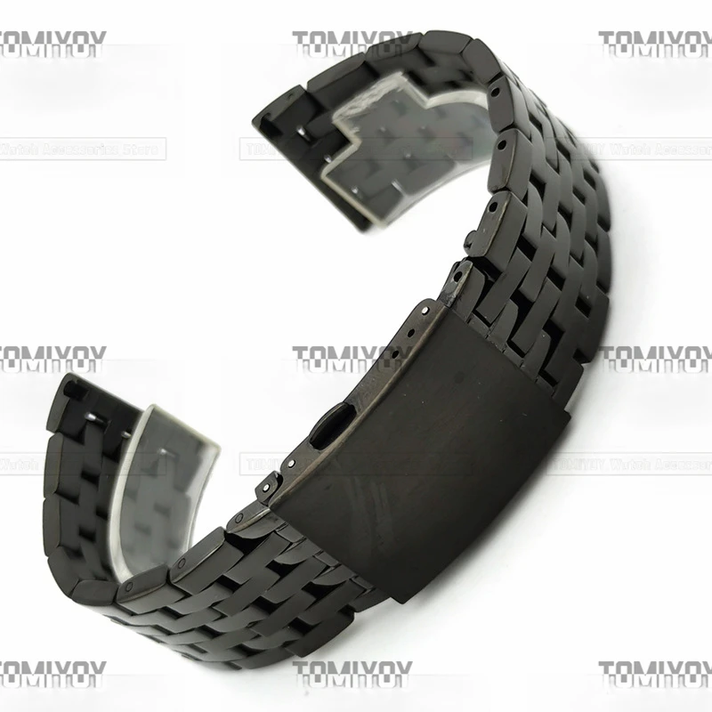 22 24MM Flat End Black Silver Thickening Solid Polished Seven Beads Stainless Steel Watch Band