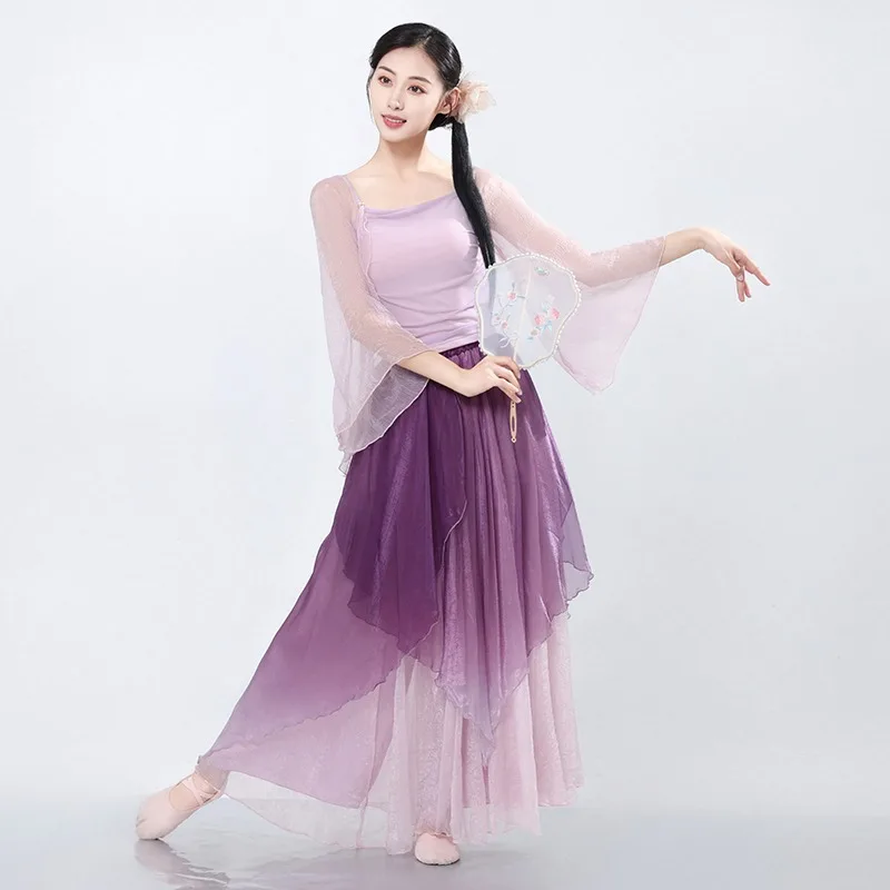 زي رقص كلاسيكي جديد - فستان شيفون أثيري متدرج مع تنورة واسعة لأداء الرقص الصيني وملابس العرض