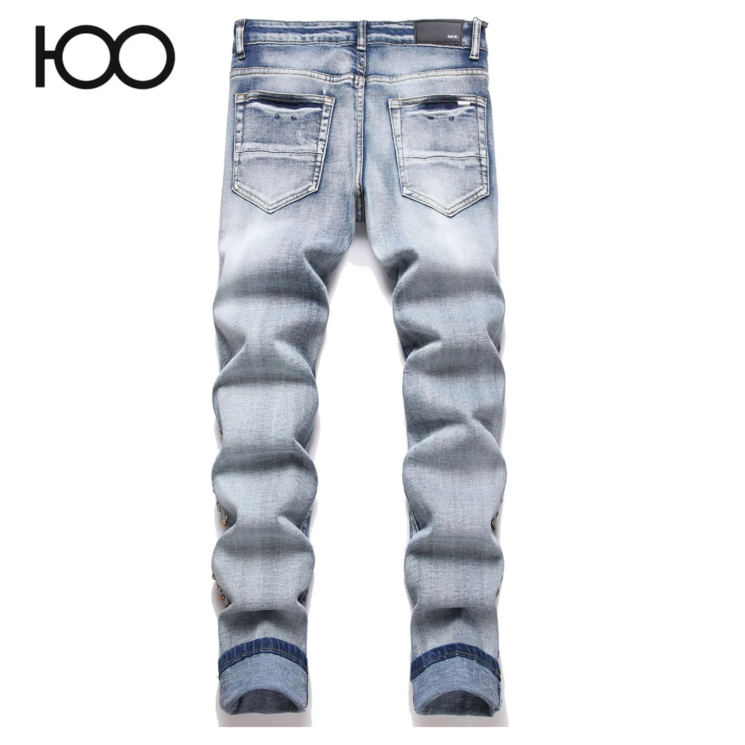 S3807   100 charareiharper  Men's jeans High street youth blue perforated diamond elastic slim fit men's jeans