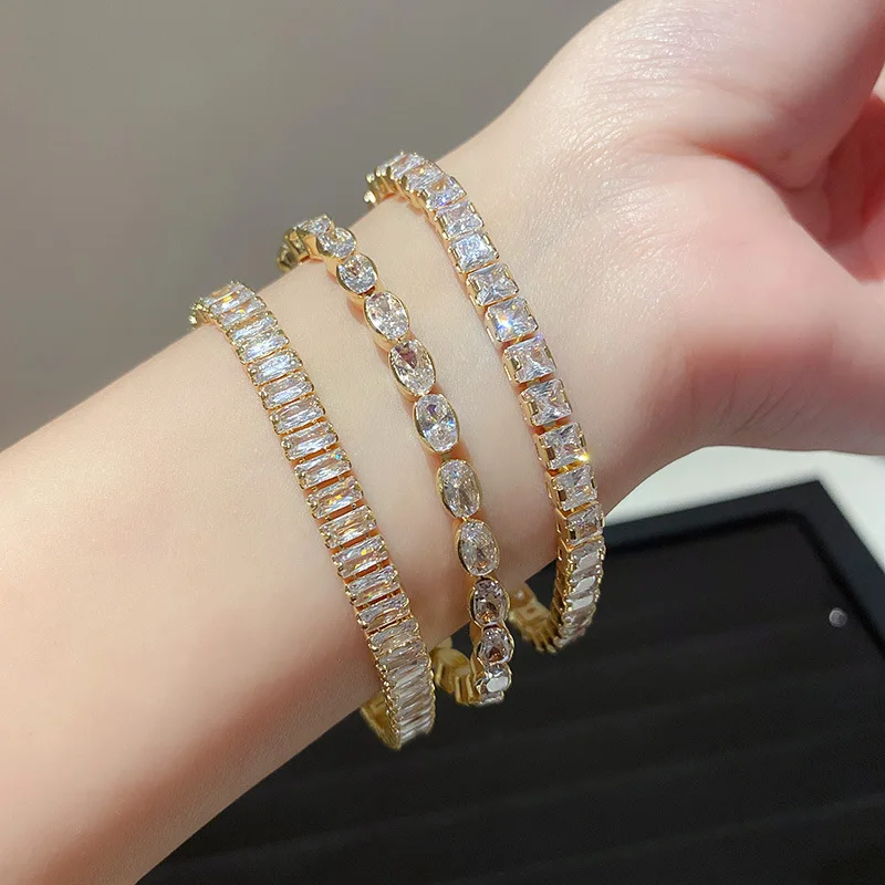 Temperament Gold Color Zircon Cuban Chain Bracelet New Fashion White Square Crystal Bracele for Women Couple Jewelry Lover Gift