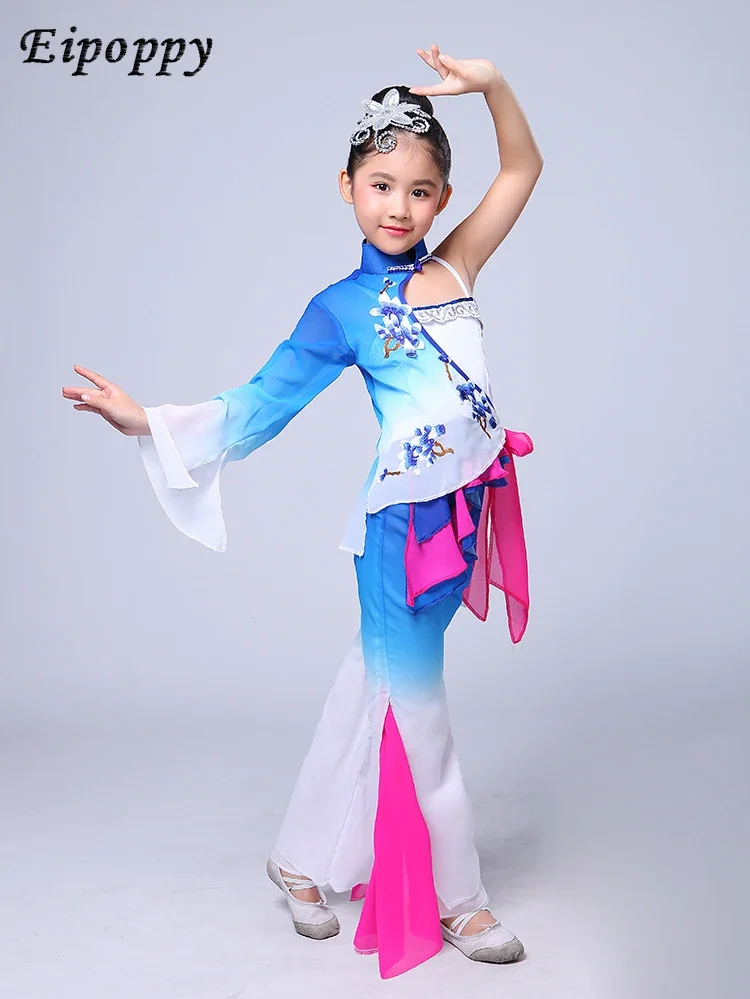 Costumes de danse classique pour enfants, danse parapluie, éventail de fleurs de pluie, danse ethnique Yangko, vêtements de performance pour filles, nouveau