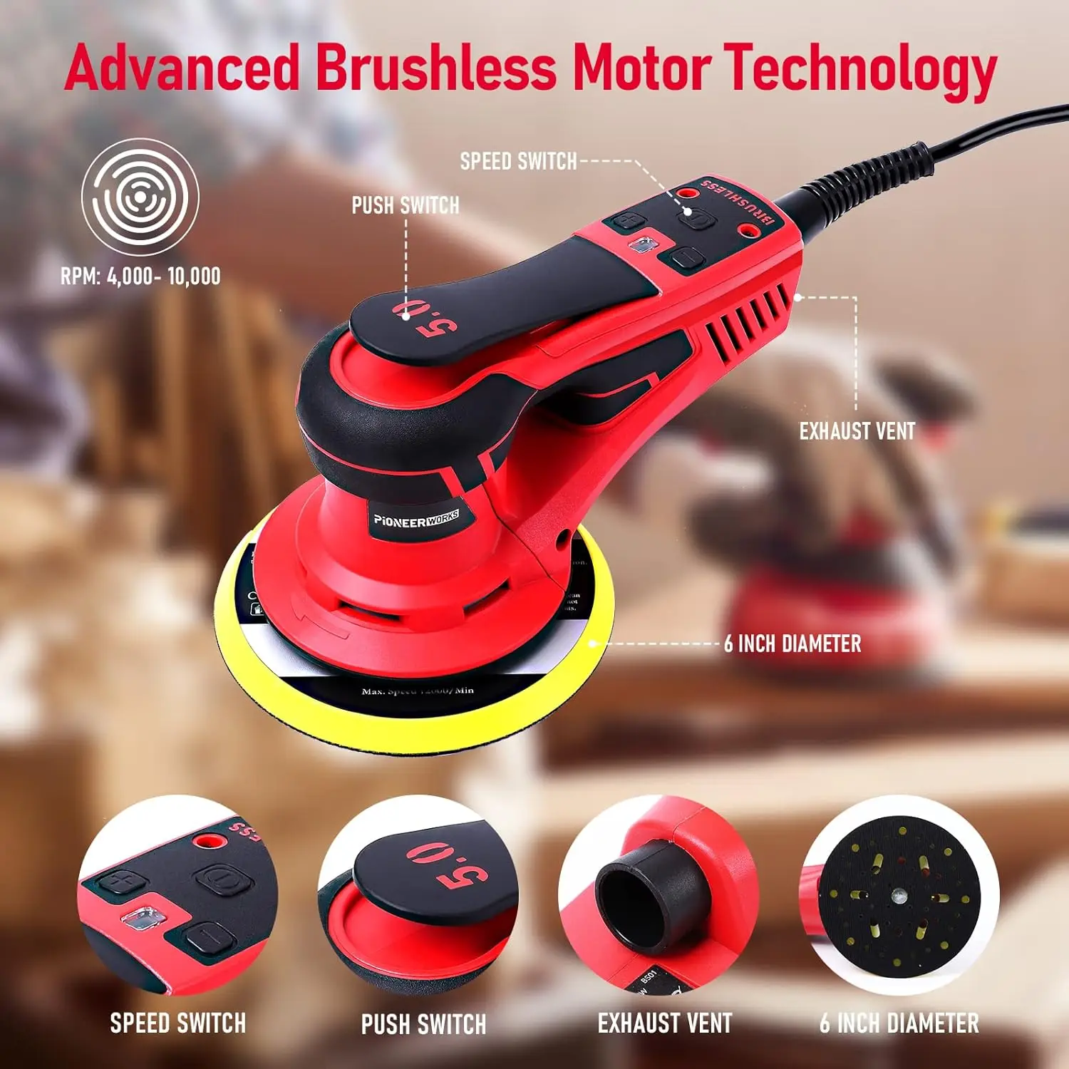 Random Orbital Sander,PioneerWorks Brushless Motor,Powerful 350W & Low Vibration,10000 RPM,6-Inch For Woodworking, Polishing,Car