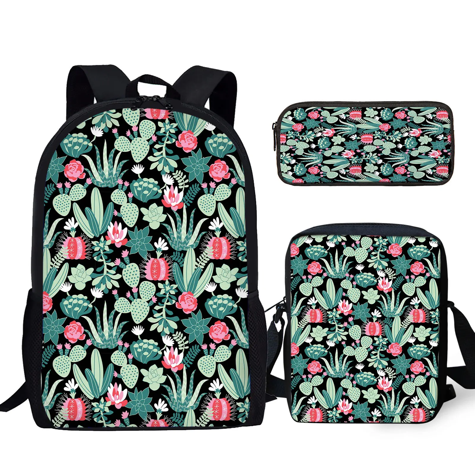 Fun Cartoon Cactus Potted Plant Printing 3pcs Back To School Gifts For Students Durable Brand Large Capacity Bag Messenger Bag