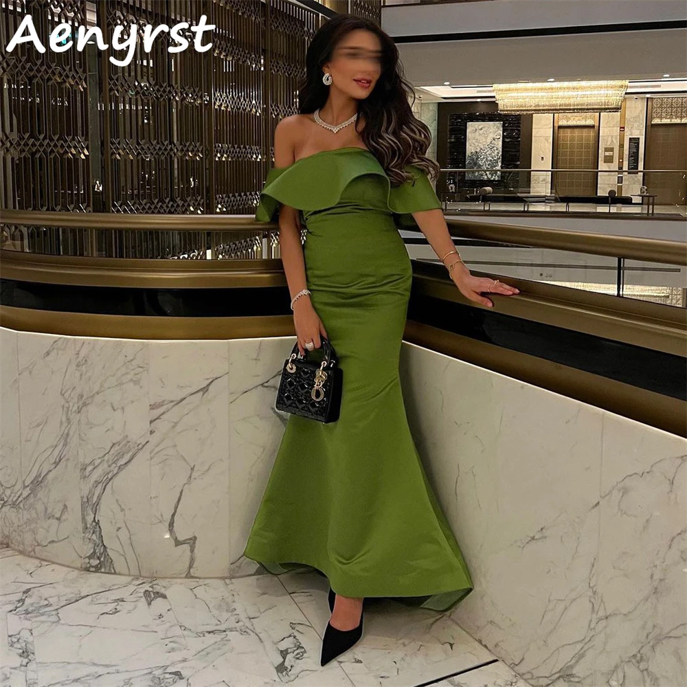 Aenyrst Green Off The Shoulder Prom Dresses Mermaid Satin Evening Gowns Ankle Length Women Celebrate Dress Elegant فساتين السهرة