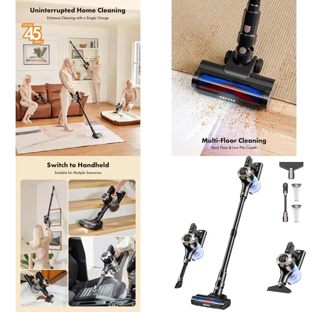 8-in-1 Lightweight Cordless Stick Vacuum Cleaner, 45-Minute Runtime, Ideal for Home, Floors, Carpets, Pet Hair Removal