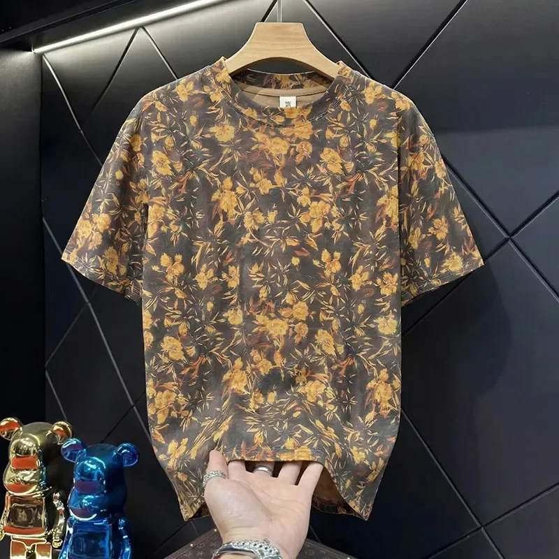 Men's Floral Print Short Sleeve T Shirt Casual Round Neck Cotton Blend Tee for Summer Daily