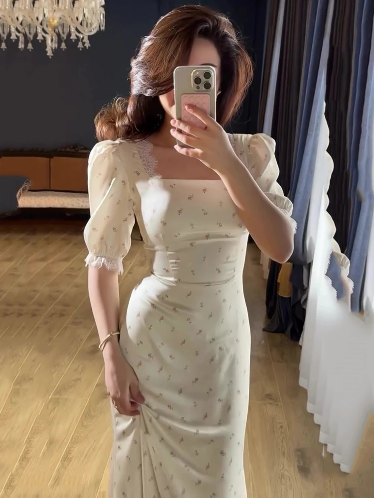 Chic Satin Printing Lace Up Dresses Spring Women Puff Sleeve Square Neck Long Dress Summer High Waist Slim Ankle Length Dress