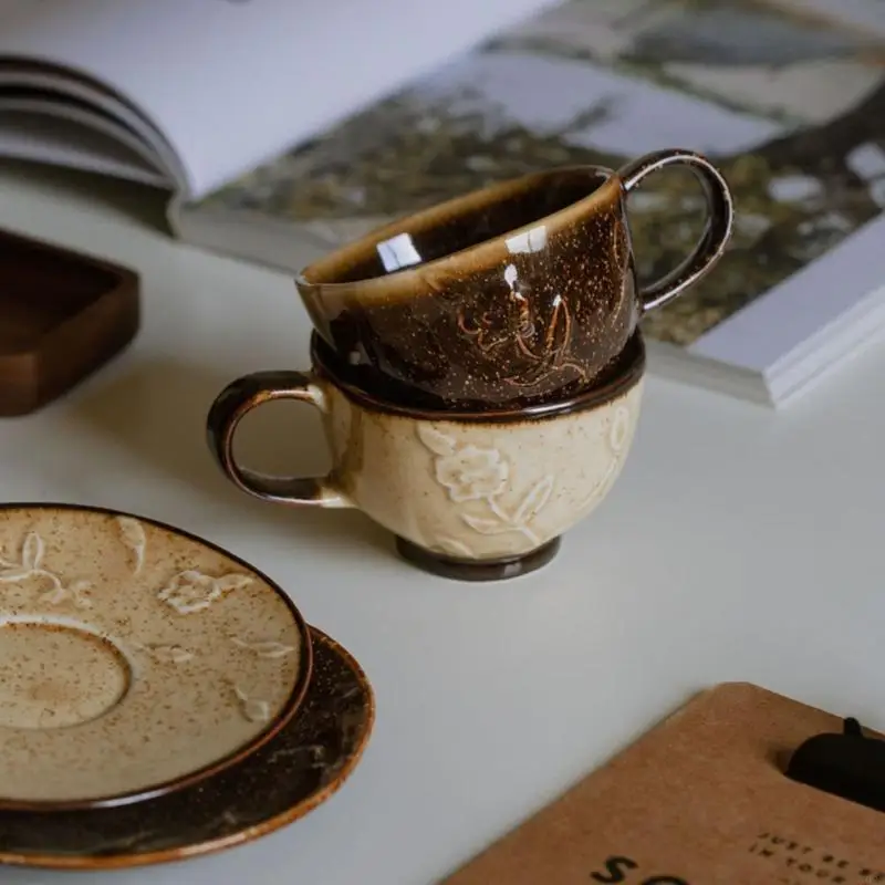 G92C 180ml Ceramic Tea Cup Set With Textured Flower Pattern Farmhouses Glazed Effect