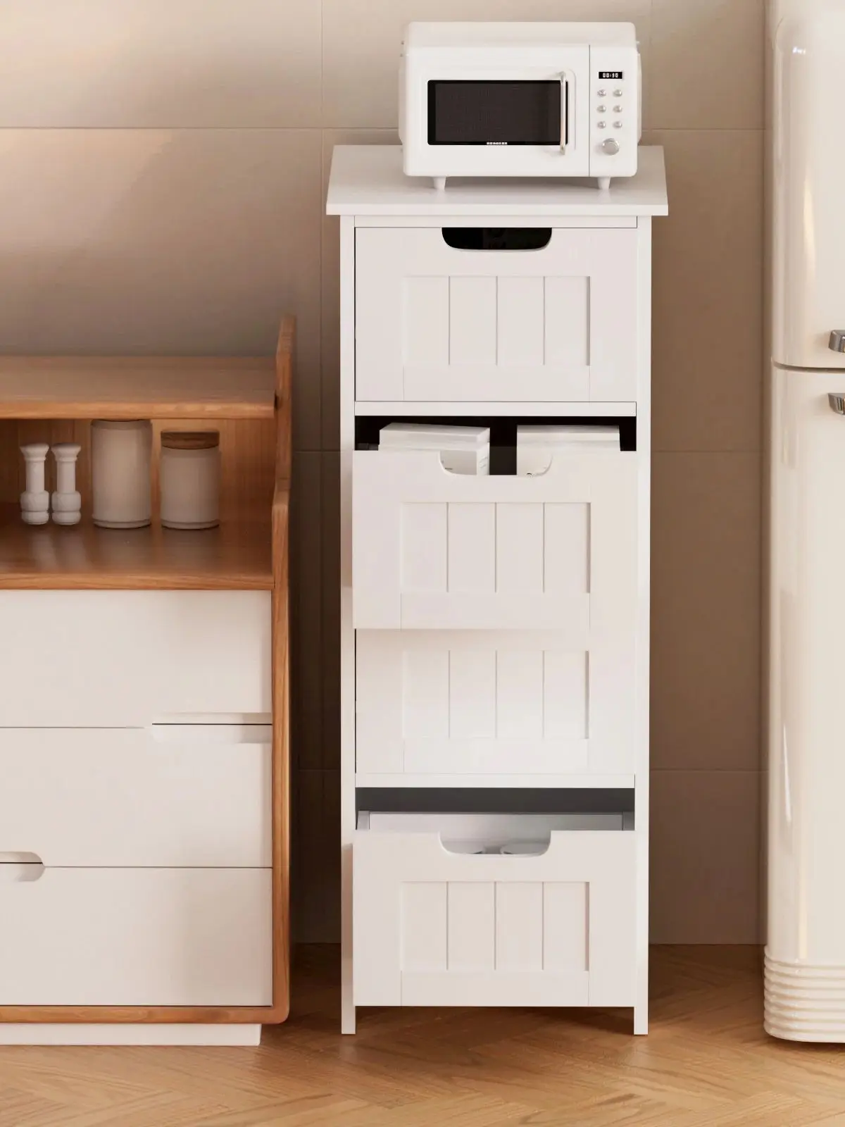 DayPlus Waterproof Storage Cabinet Plastic Floor Standing Shelf Organizer with 4 Drawers, 30x30x81cm, White PVC Storage Cabinets