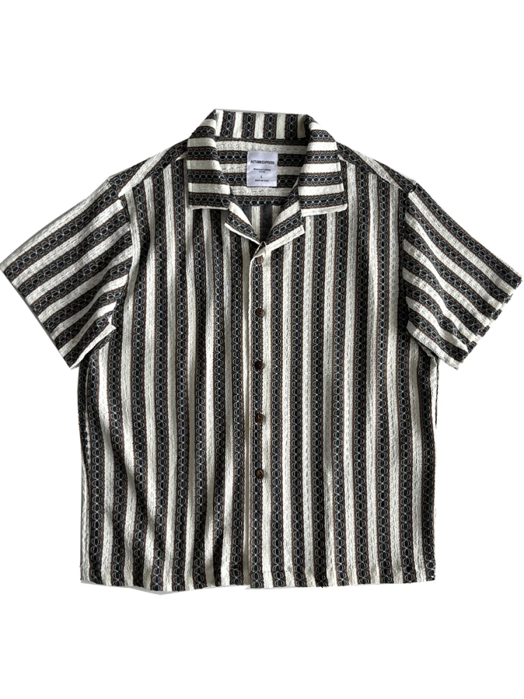 

Модный кубинский воротник f Sve irt Крючок Вязаный лоскутный дышащий полиэстер Летний модный полосатый свободный крой для мужчин ...