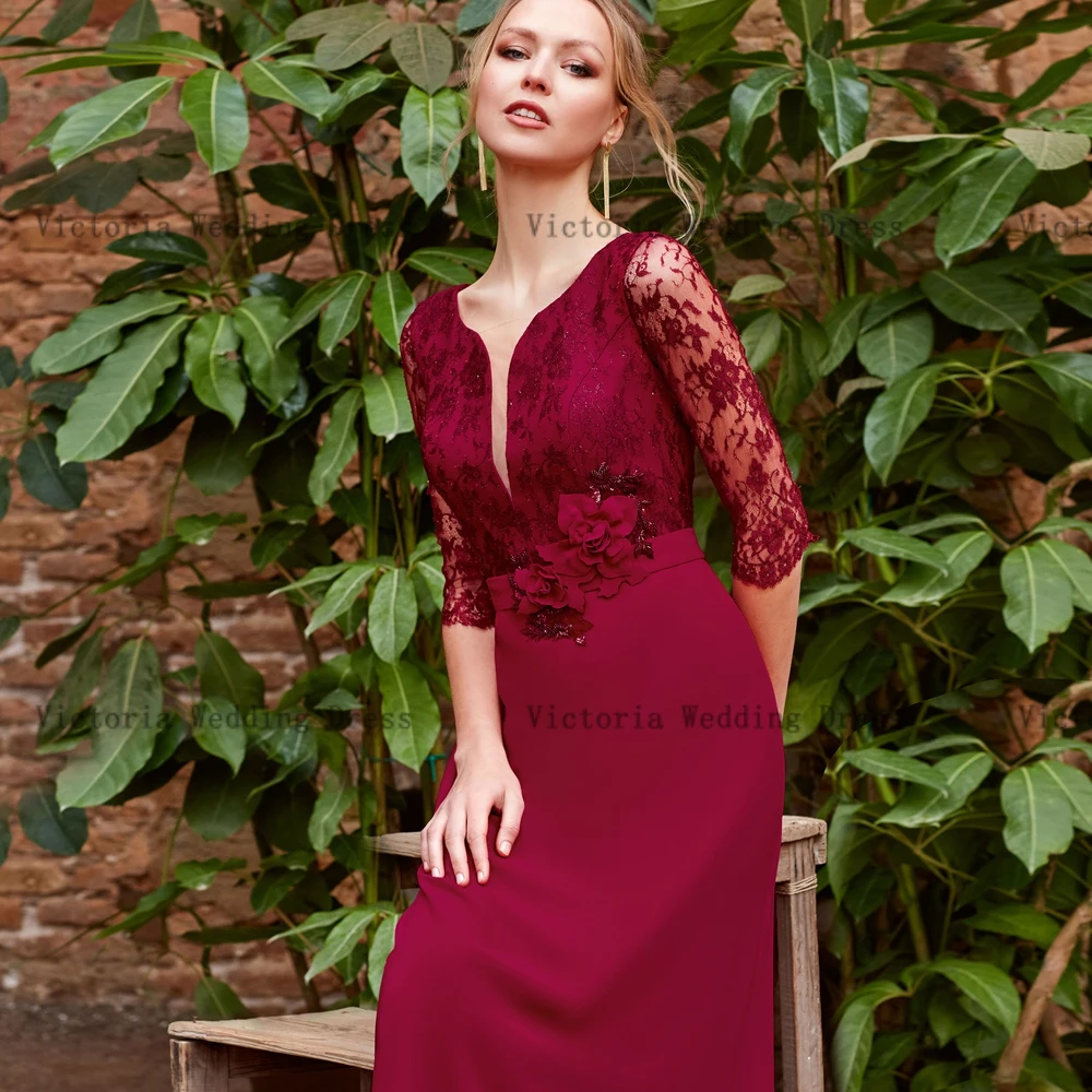 Abiti eleganti personalizzati per la madre della sposa a trapezio o collo mezze maniche abiti da festa di nozze fiori di pizzo lunghi fino al pavimento