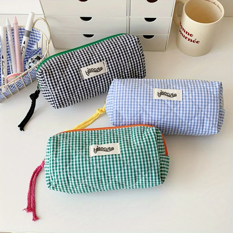 1pc Cosmetic Bag Color Blocking Checkered Pencil Case Stationery Storage Bag Large Capacity Cosmetics Miscellaneous Storage Bag