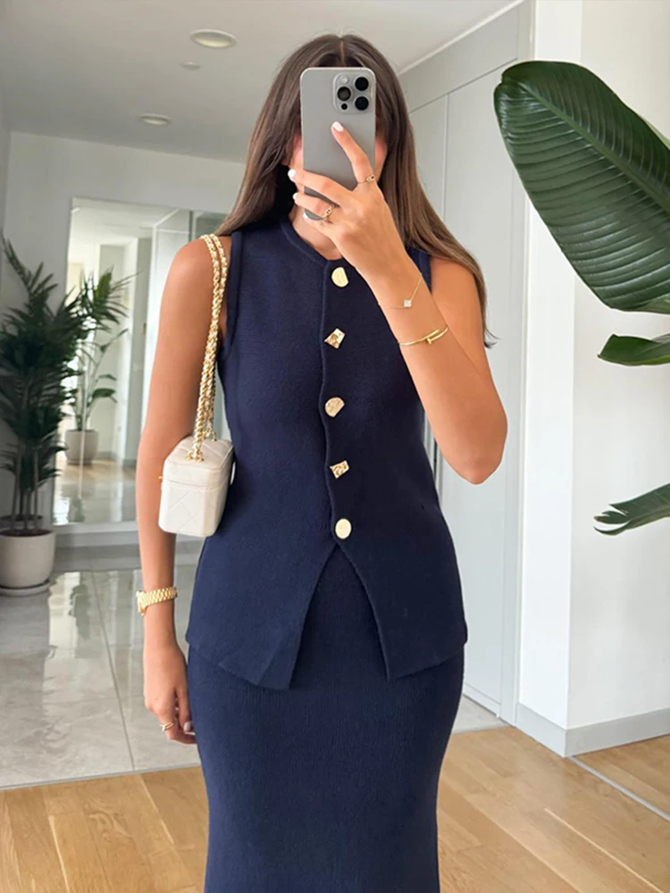 Elegant Knit Vest Suits Women Solid Single Breasted O-neck Sleeveless Slim Waistcoat Bodycon Midi Skirts 2025 Spring Lady Outfit image 5
