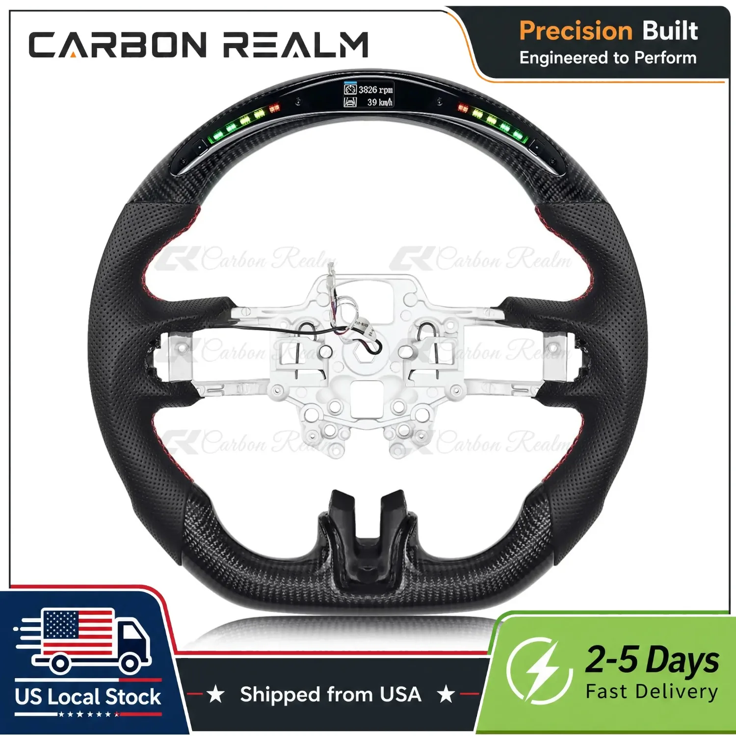Real Carbon Fiber For Ford Mustang EcoBoost/GT/Shelby GT350/GT350R 2018-2023 LED Racing Steering Wheel Leather Car Accessories