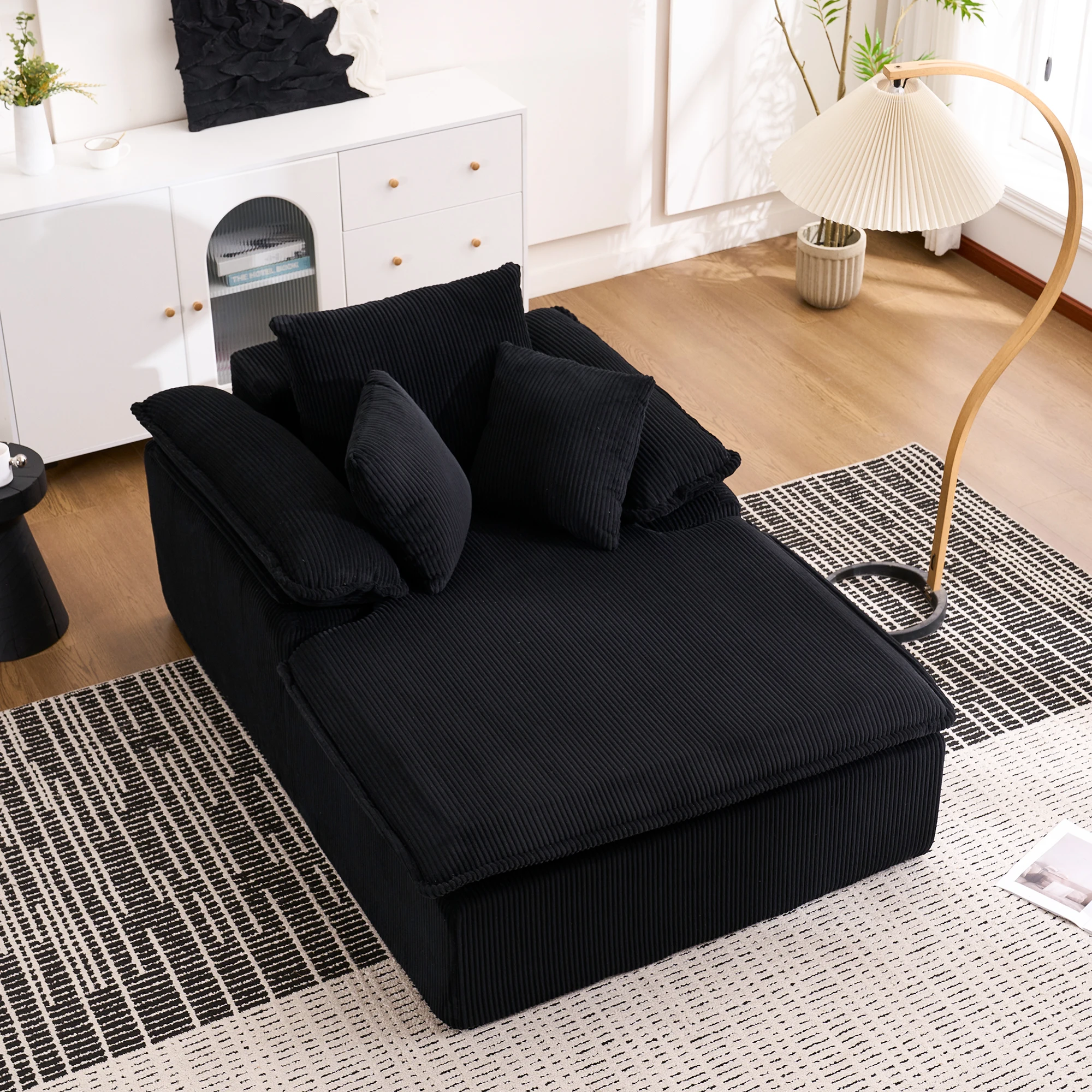 Fauteuil Méridienne 1 place sans cadre avec accoudoirs larges et dossier ergonomique - velours côtelé noir 177 × 122 × 92 cm