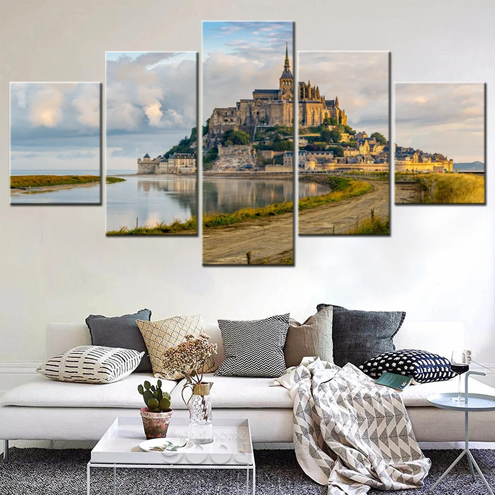 5 Pieces Canvas Wall Art Poster Painting France Mont Saint Michel Town-Castle Tourism Wallpaper Home Decor Living Room Framework