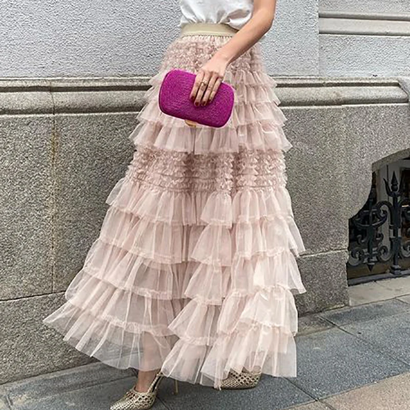 Women Elegant Elastic Waist Solid Long Skirts Summer Fashion Big Hemline Pink A-Line Skirts 2024 Sexy Mesh Splicing Cake Skirts