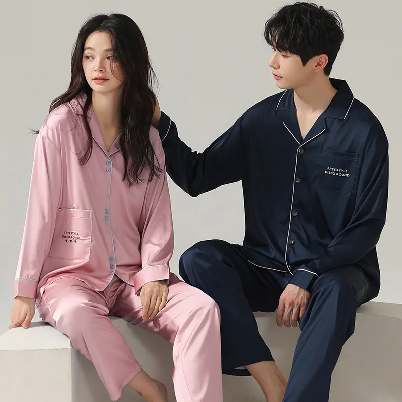 

Новинка весны 2022, высококачественные пижамы для пар из ледяного шелка, мужские длинные брюки с длинными рукавами, кардиган, женская домашняя одежда, мягкая ночная рубашка