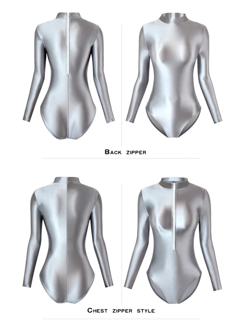 Women Long Sleeve Tight Glossy Dance Jumpsuit Bodysuit Yoga Solid Shaped Practice Rhythmic Gymnastics Leotard Swimsuit Dancewear