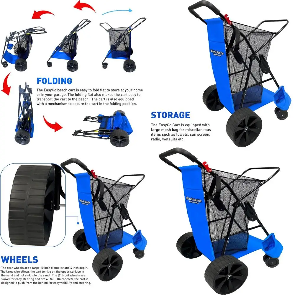 

Sturdy Folding Beach Utility Wagon with Large Sand Wheels, Holds 4 Chairs, Storage Pouch, Umbrella Holder - Basic Blue