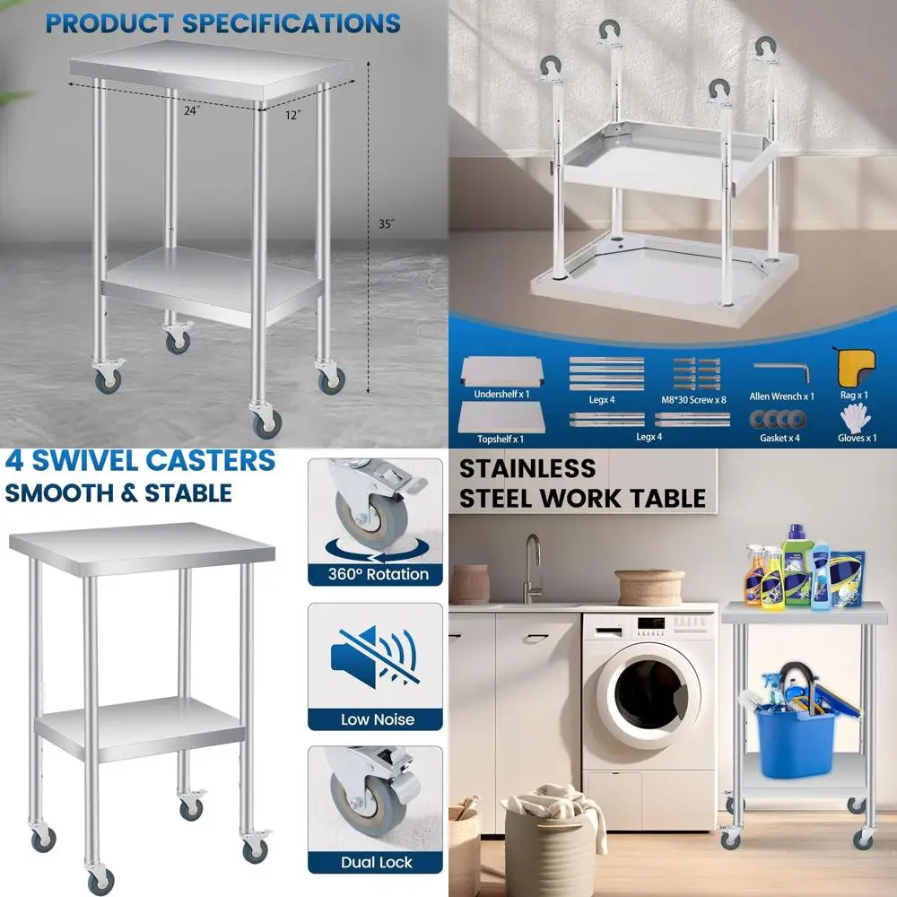 

24 x 12 Stainless Steel Work Table with Adjustable Shelf and Lockable Wheels for Commercial Use