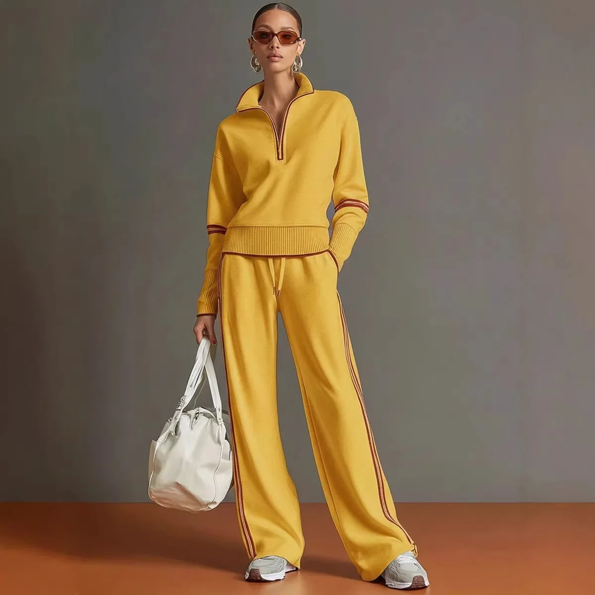 Casual Striped Hoodie Sports Outfits Women New Color Blocking Wide Leg Pants Two Piece Sets Autumn Winter Loose Pants Suit