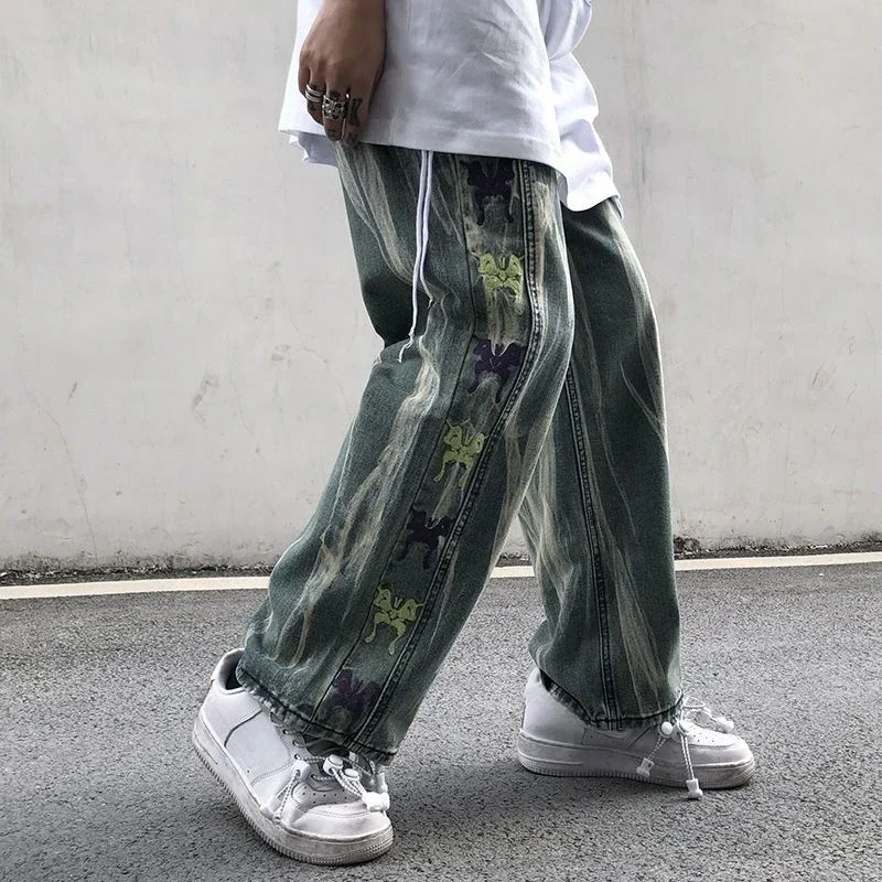 

Trousers Hip Hop Straight Men's Jeans Tie Dye Graphic Man Cowboy Pants Y2k Streetwear Baggy 2024 Korean Autumn Harajuku Summer